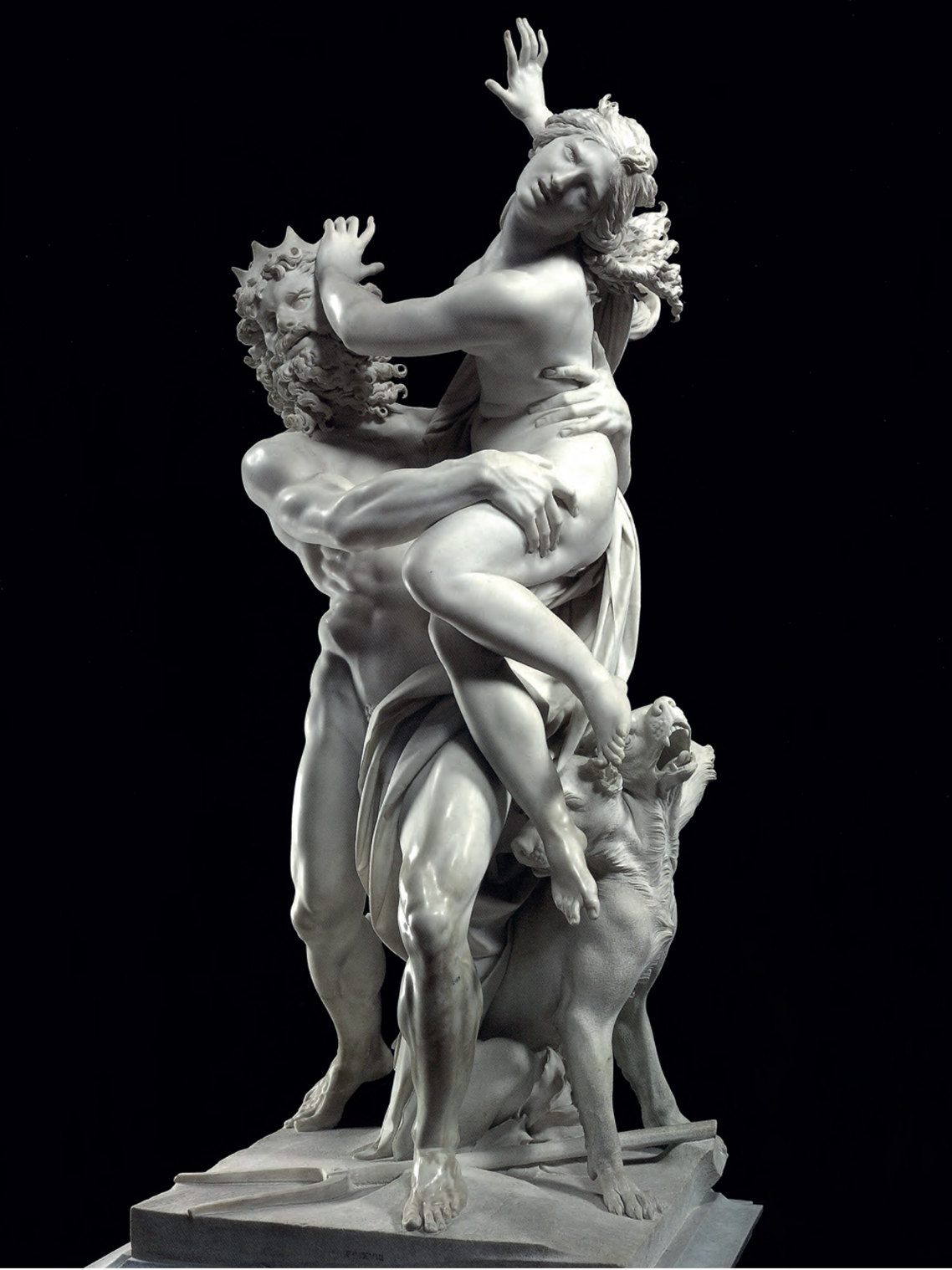 Marmorskulptur: muskulöser Mann trägt erschrockene Frau, dramatische Pose, Hund an den Füßen, Gianlorenzo Bernini, Pluto entführt Proserpina, Skulptur, Kunst
